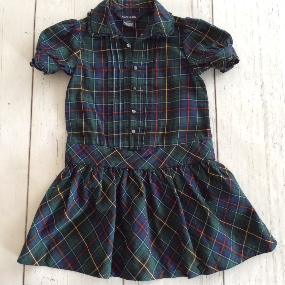 Ralph Lauren 4/4T Blue Green Plaid Pleated Short Sleeve Dress 100% Cotton